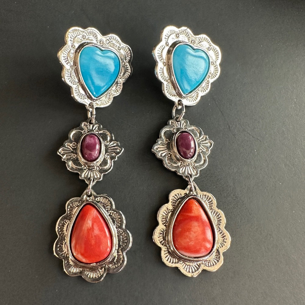 Vintage Style Southwestern Tiered Heart Dangle Earrings Turquoise Coral Purple